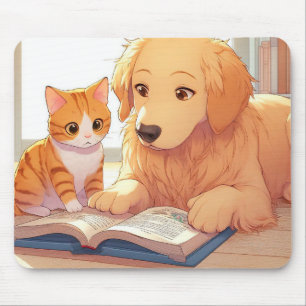 Katt och hund som läser bok musmatta