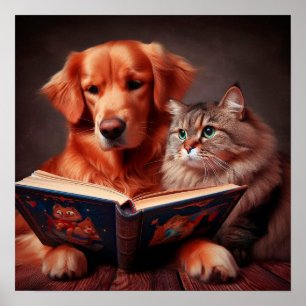 Katt och hund som läser bok poster