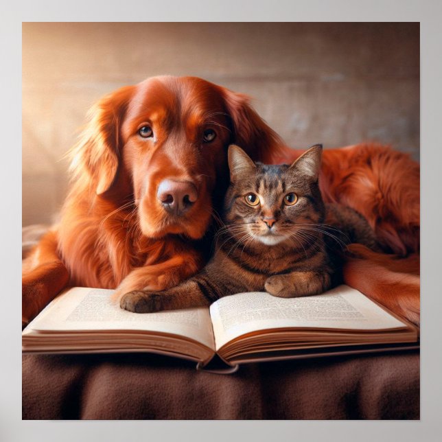 Katt och hund som läser bok poster (Framsidan)