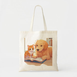 Katt och hund som läser bok tygkasse