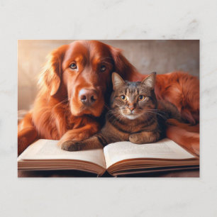 Katt och hund som läser bok vykort