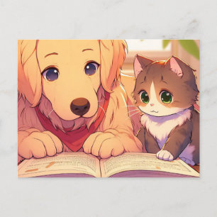 Katt och hund som läser bok vykort
