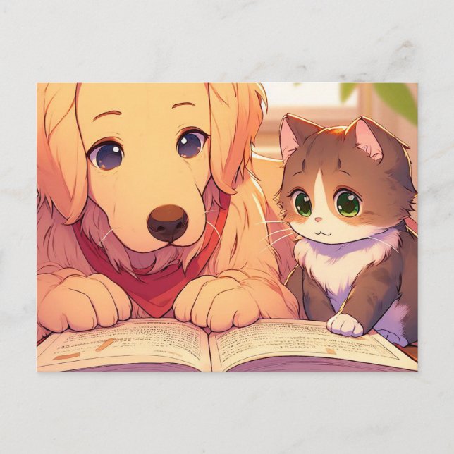 Katt och hund som läser bok vykort (Framsida)
