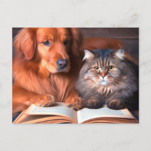 Katt och hund som läser bok vykort