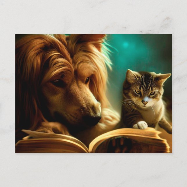 Katt och hund som läser bok vykort (Framsida)