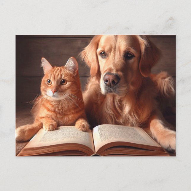 Katt och hund som läser bok vykort (Framsida)