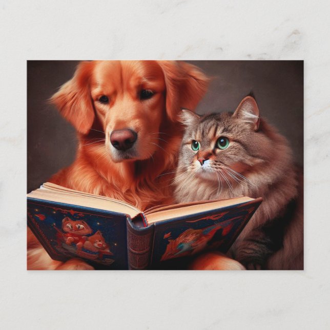 Katt och hund som läser bok vykort (Framsida)