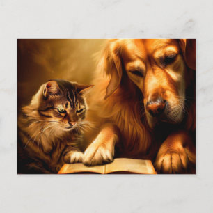 Katt och hund som läser bok vykort