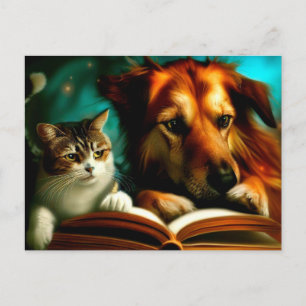 Katt och hund som läser bok vykort