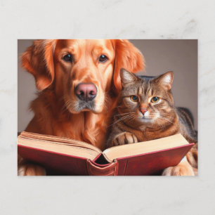 Katt och hund som läser bok vykort