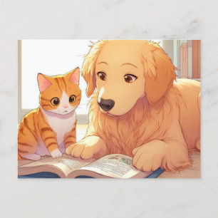 Katt och hund som läser en bok vykort