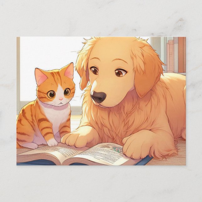 Katt och hund som läser en bok vykort (Framsida)