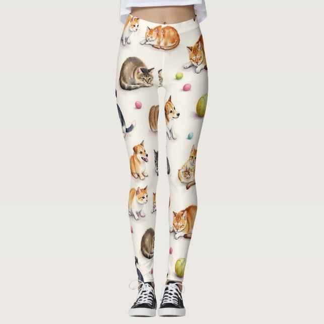 Katt och Hund Sömlös Mönster Leggings (Framsida)
