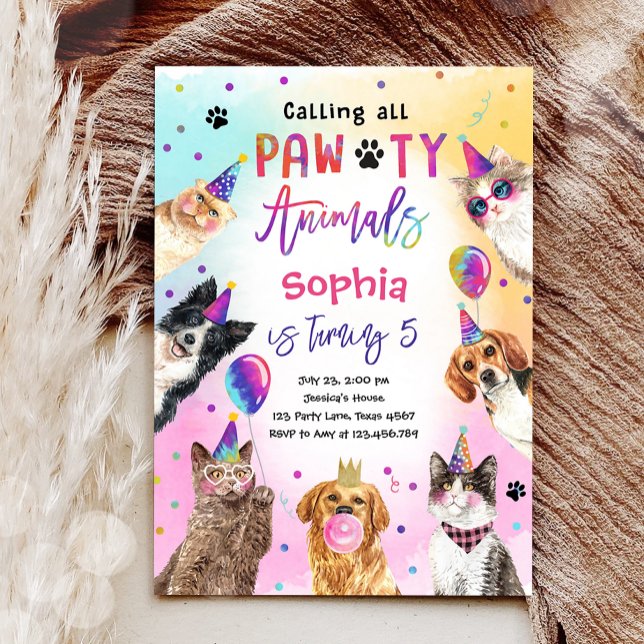 Katt och Hundar Party Pawty Animals Birthday Inbjudningar (Skapare uppladdad)