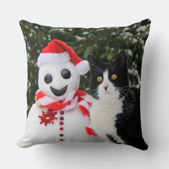 Katt och jultomten Snögubbe - fjol Kudde (Framsida)