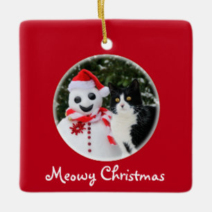 Katt och jultomten Snögubbe - jultomten Meowy - Julgransprydnad Keramik