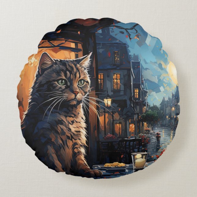Katt och kafé på natten rund kudde (Framsidan)