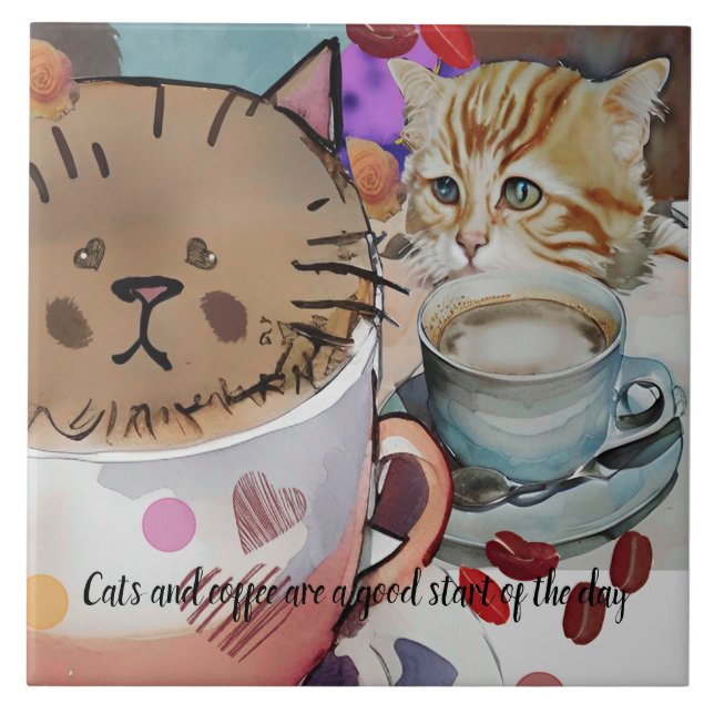 Katt och kaffe och anpassningsbar kakelplatta (Framsidan)