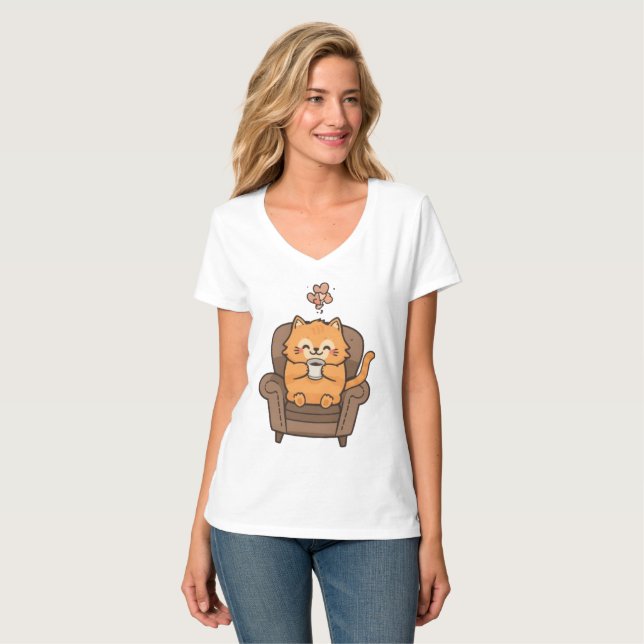 Katt och kaffe T-shirt (Hel framsida)
