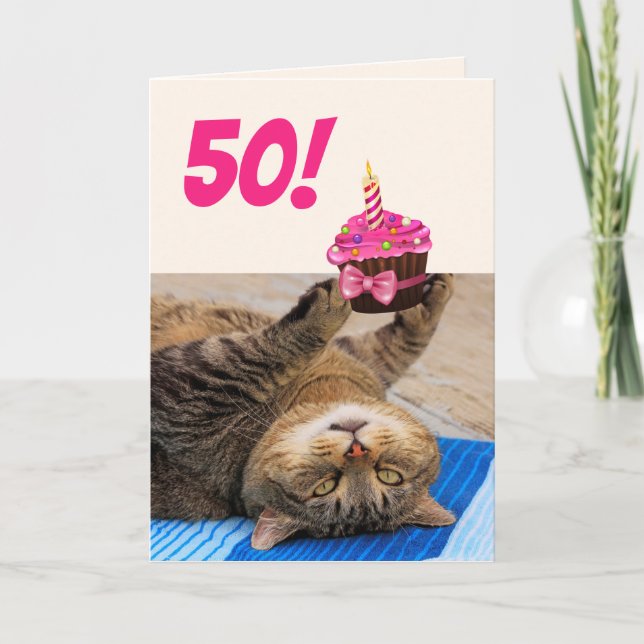 Katt och kaka 50:e födelsedagen kort (Framsida)