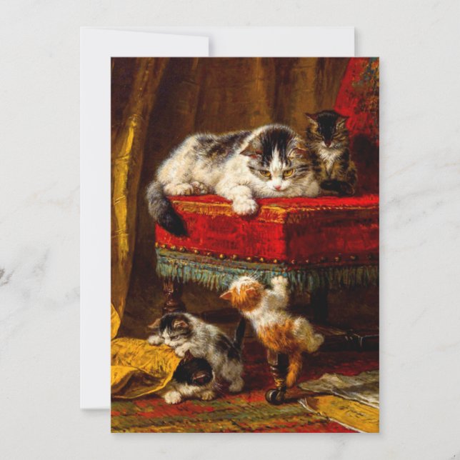 Katt och kattungar leker med stol inbjudningar (Framsida)