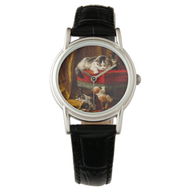 Katt och kattungar som leker med stol armbandsur (Framsida)