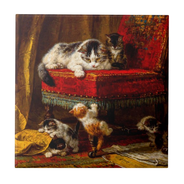 Katt och kattungar som leker med stol kakelplatta (Framsidan)