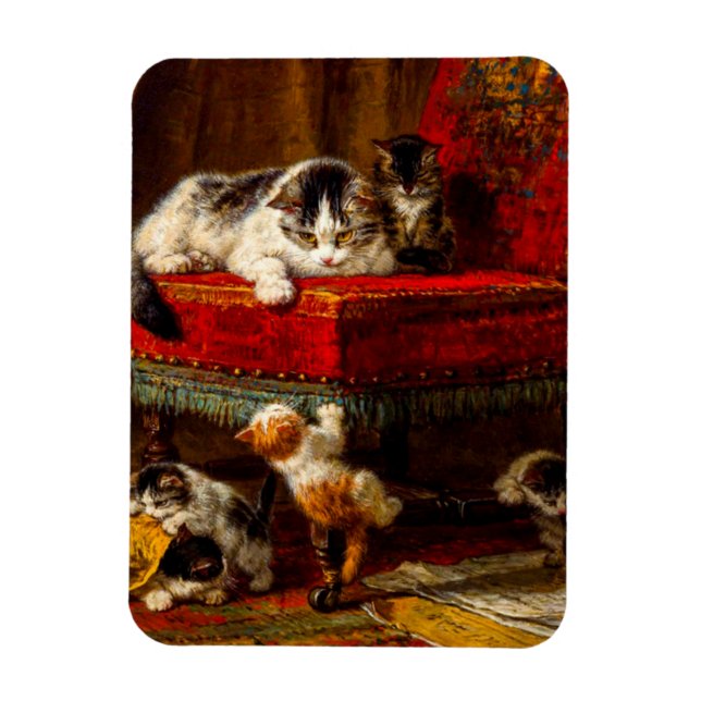 Katt och kattungar som leker med stol magnet (Vertikal)