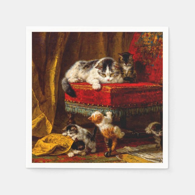 Katt och kattungar som leker med stol pappersservett (Framsidan)