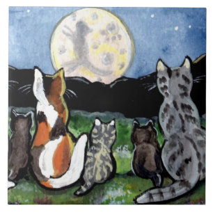 Katt och kittens som tittar på Måne 6-tums Tile Kakelplatta