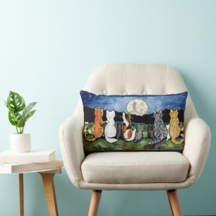 Katt och kittens som tittar på Måne Designer Art P Lumbarkudde