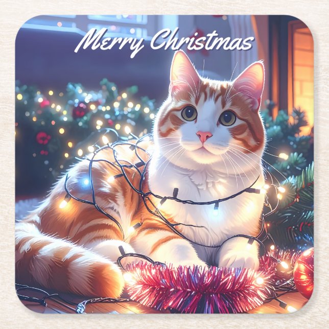 Katt och Ljus jul Underlägg Papper Kvadrat (Framsidan)