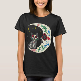 Katt- och Måne-socker Skull Calavera Dia de Muerto T Shirt