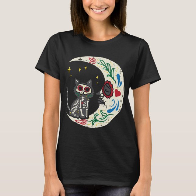 Katt- och Måne-socker Skull Calavera Dia de Muerto T Shirt (Framsida)