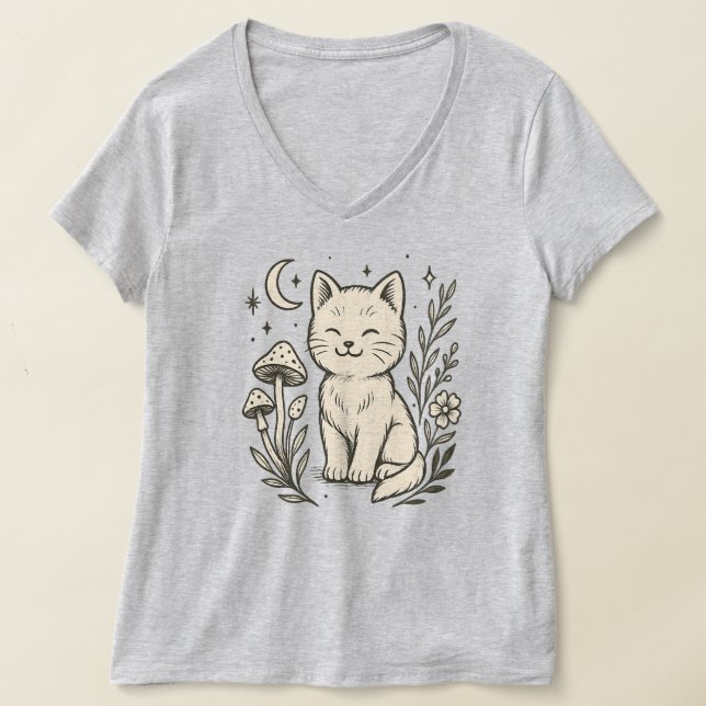 Katt och Mashroom Women's Basic V-Nacke T-Shirt (Laydown)