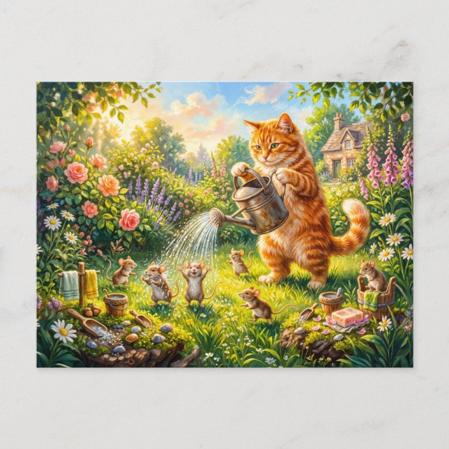 Katt och möss trädgård vatten kul vykort (Framsida)