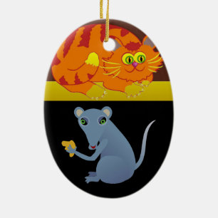 Katt och mus julgransprydnad keramik