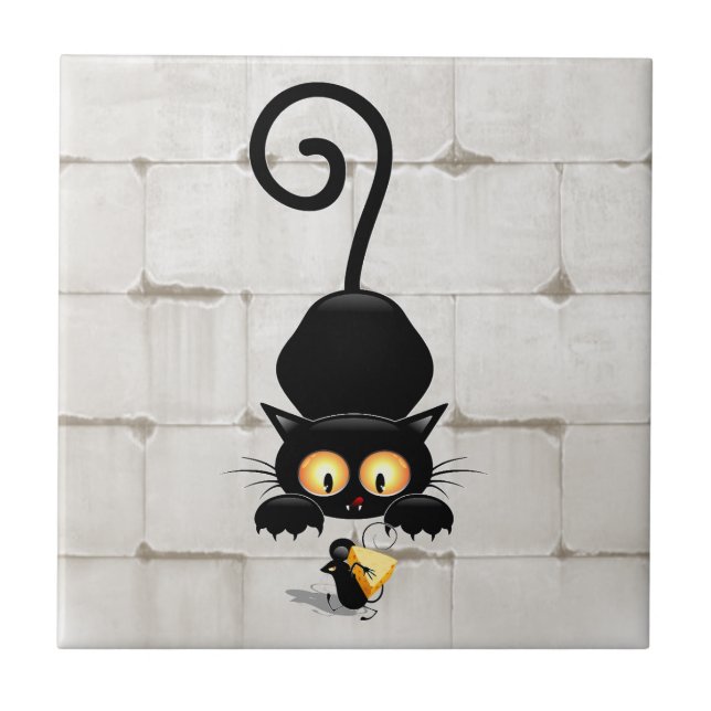 Katt och mus med ost Roligt Tecknade figurer Kakelplatta (Framsidan)