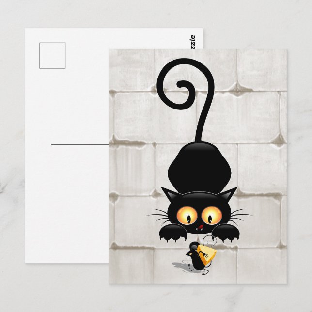 Katt och mus med ost Roligt Tecknade figurer Vykort (Fram/baksida)