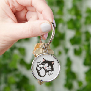 Katt och mus rund silverfärgad nyckelring