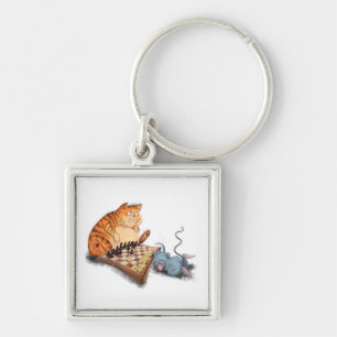 Katt och mus som spelar nyckelkedja i schack fyrkantig silverfärgad nyckelring