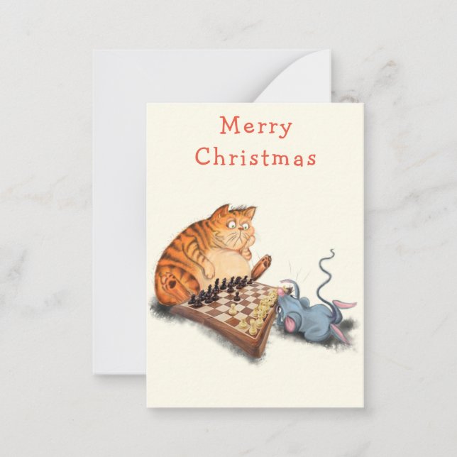 Katt och mus som spelar schack-roligt julkort anteckningskort (Framsida)