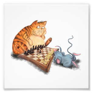 Katt och mus som spelar schess Tecknad Teckning Fu Fototryck