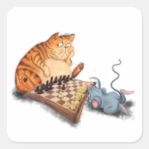 Katt och mus som spelar schess Tecknad Teckning Fu Fyrkantigt Klistermärke