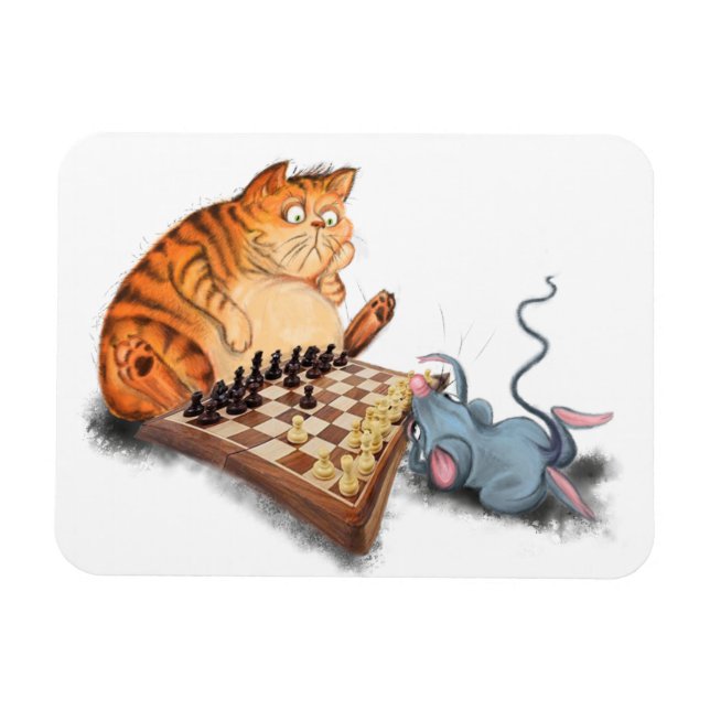 Katt och mus som spelar schess Tecknad Teckning Fu Magnet (Horisontell)