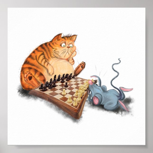 Katt och mus som spelar schess Tecknad Teckning Fu Poster (Framsidan)