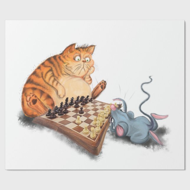 Katt och mus som spelar schess Tecknad Teckning Fu Presentpapper (Platt)