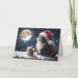 Katt och mus som tittar på julkortet i Snö Helgkort