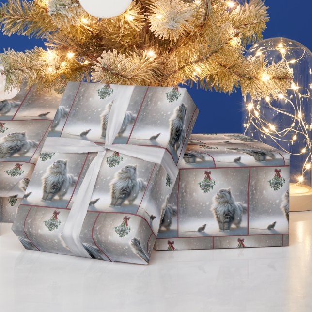 Katt och mus under maltletoe presentpapper (Helgdagar)