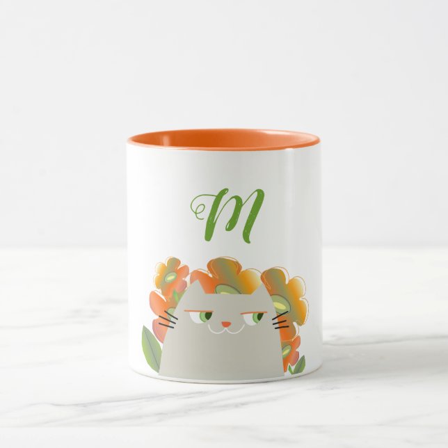 Katt- och Orange Flowers Vår Monogram Initial Mugg (Center)